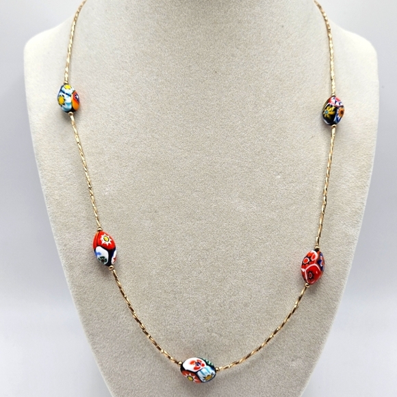 VINTAGE Italian Venetian Murano Millefiori Glass Bead Gold Filled Necklace - Picture 1 of 8